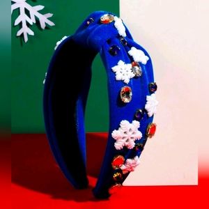 Blue Headband with Knot Design with Stones and Snowflakes